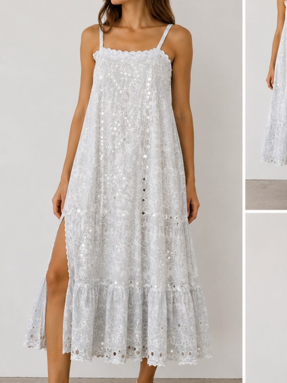 Juliet Dunn London Indian cotton Silver sequin Embroidered Boho Midi Dress, 1